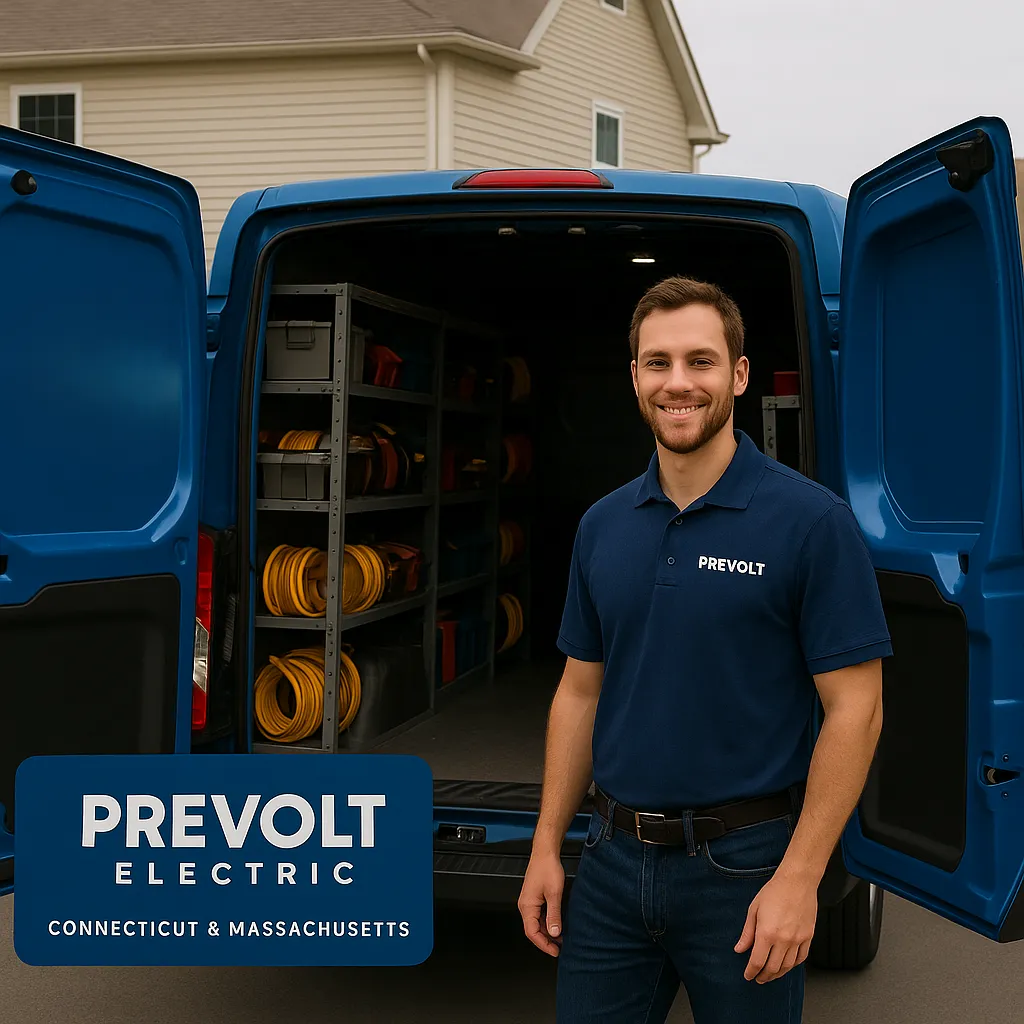 Prevolt Electric technician standing beside a fully stocked service van prepared for residential and commercial electrical service.