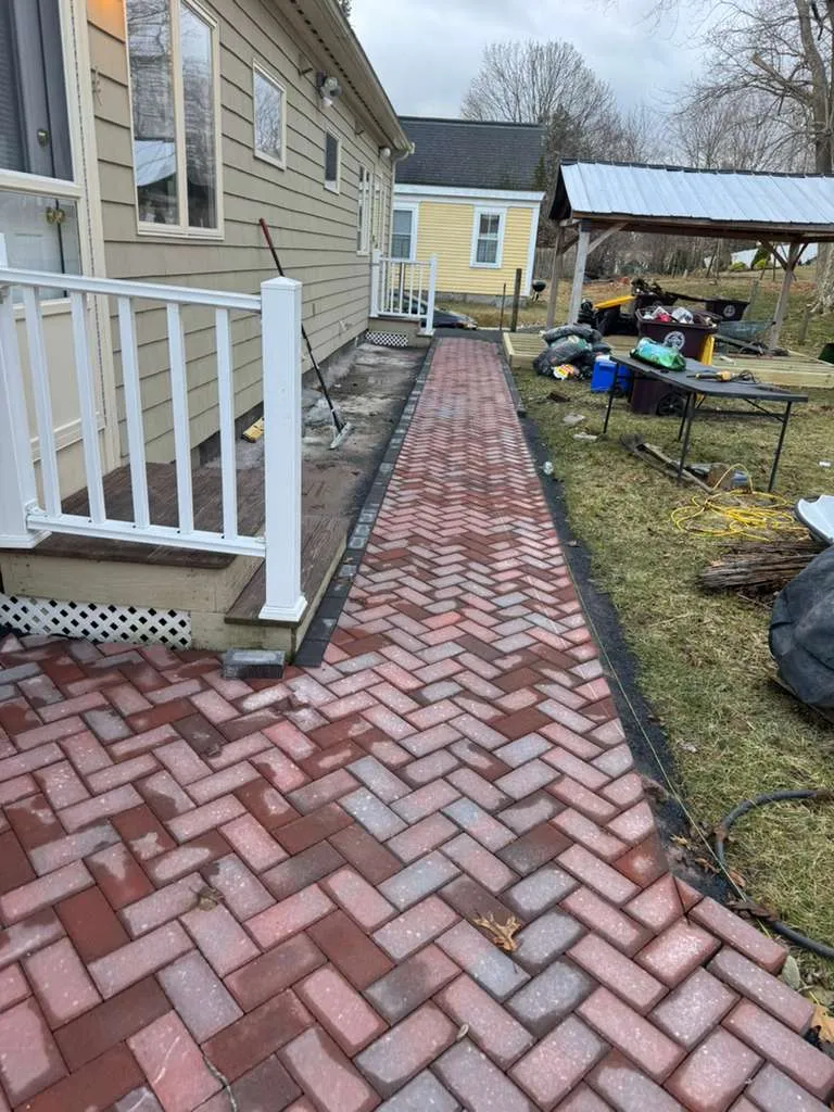 Herringbone brick paver walkway and patio in Boston, MA