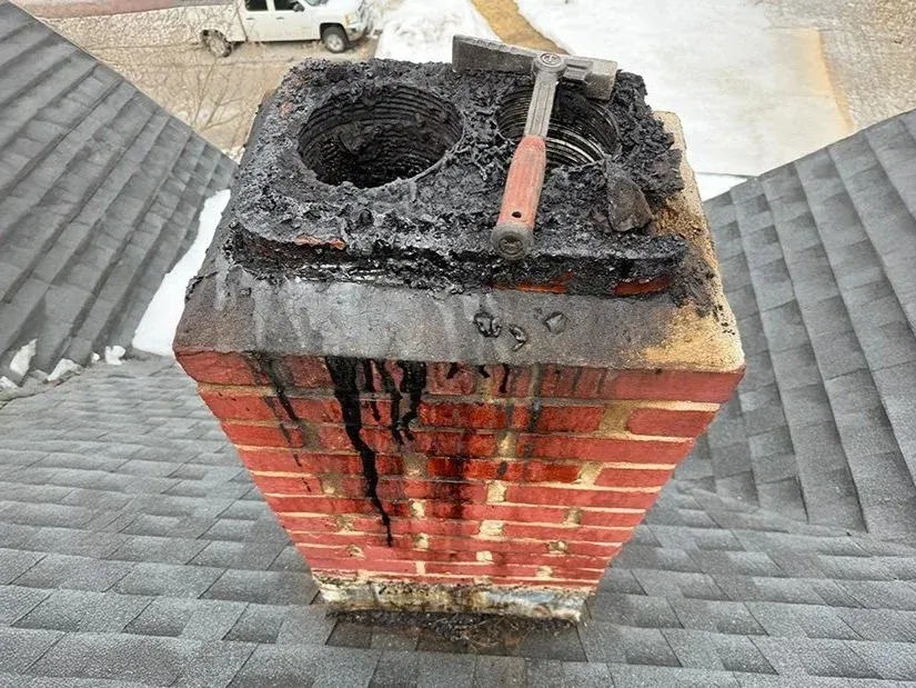 Chicago-style brick chimney on a roof with black soot and burn marks, with a chimney cap removal tool resting on top.