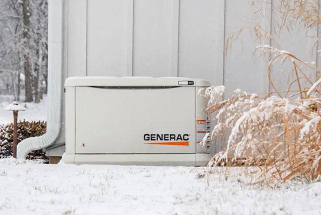 Whole-home standby generator in snow providing backup power during outages.