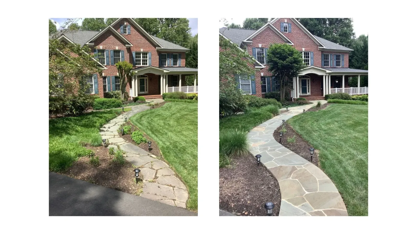 Split view of a house front yard path before and after stone walkway renovation