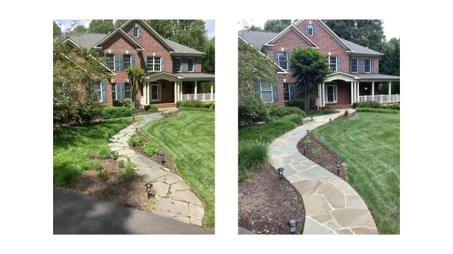 Split view of a house front yard path before and after stone walkway renovation