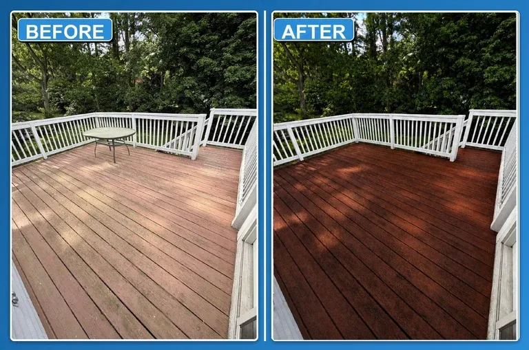 Before and after comparison of a wooden deck staining, showing faded light wood transformed to rich dark brown finish