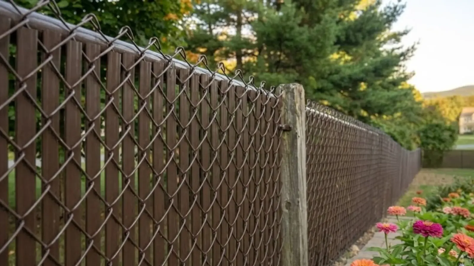 Brown chain link fence with privacy slats for Salisbury properties by Olympic Fence Company.