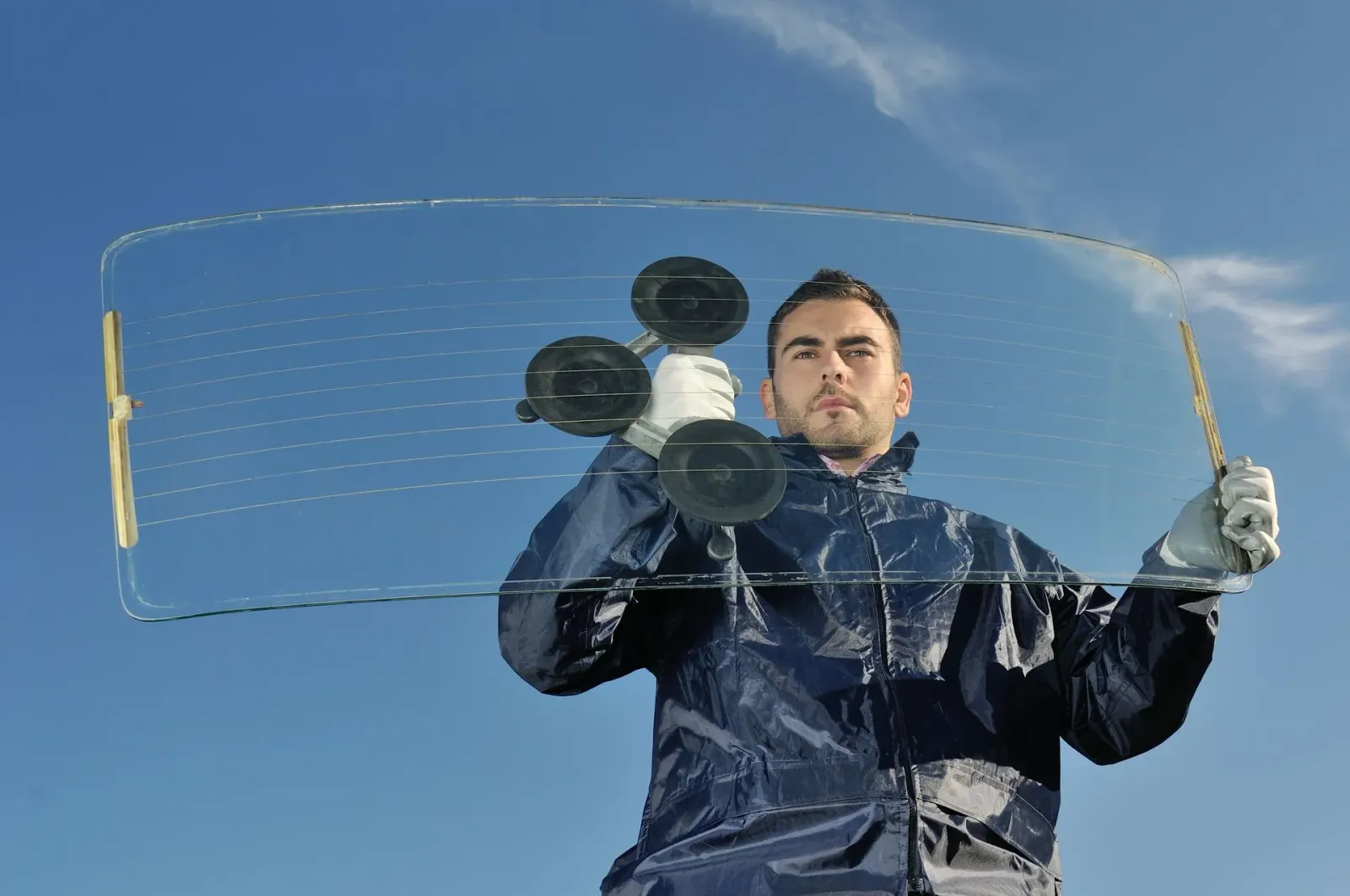 Man holding a curved glass window with suction cups, against a blue sky.
