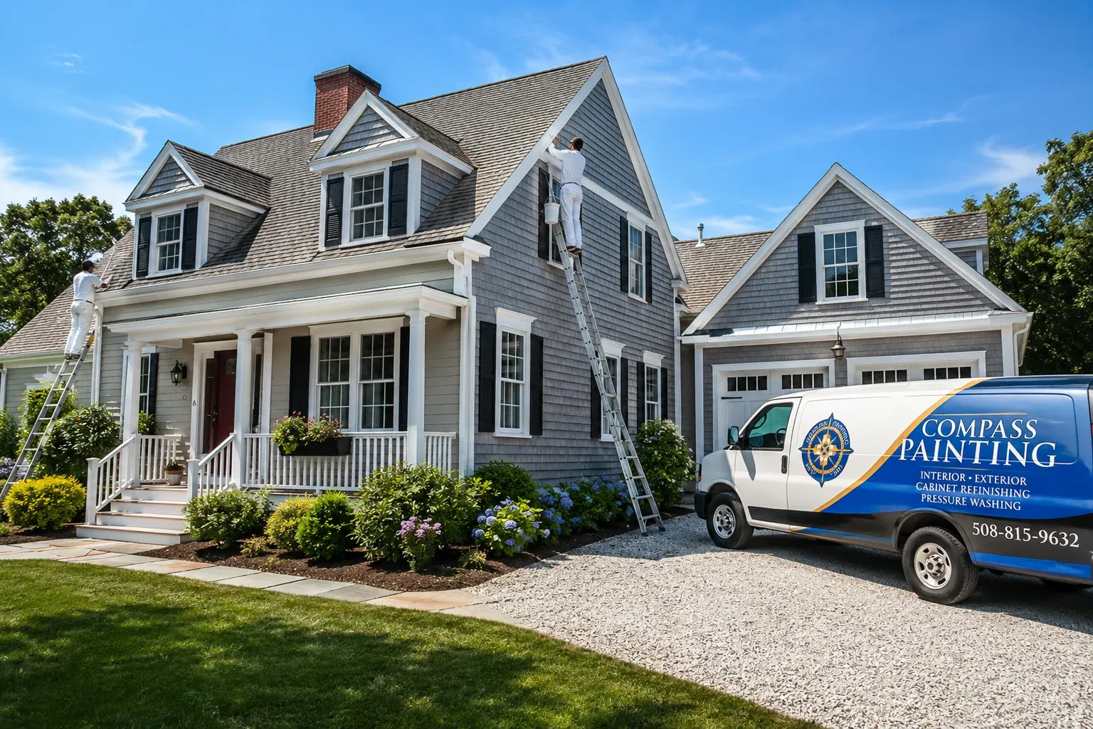 Exterior house painting by Compass Painting on a Cape Cod home in Hyannis, MA