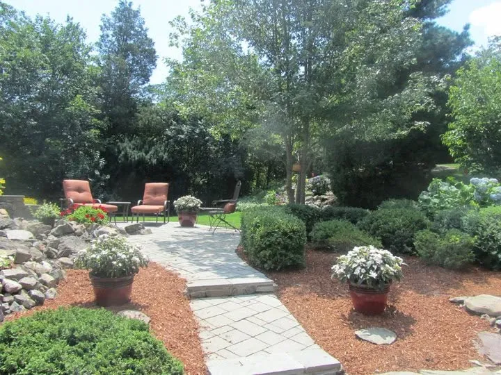 Paver walkway and patio with mature plantings