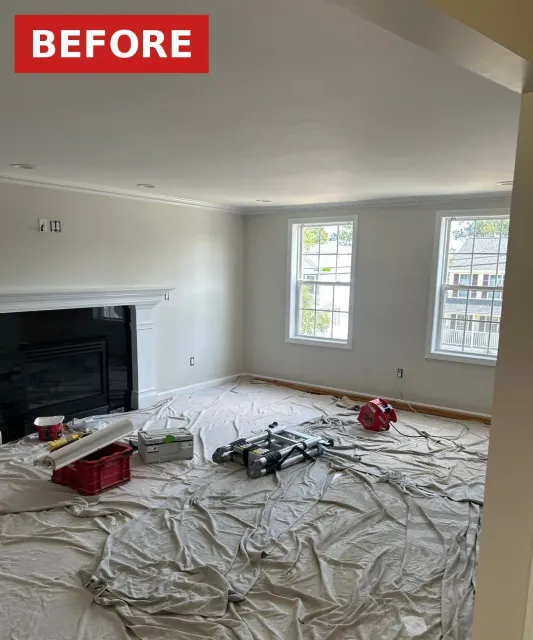 Before: living room prepped for interior painting in Manchester, NH