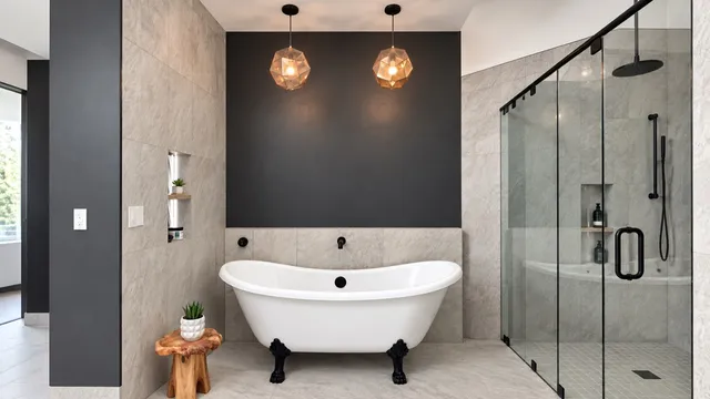A spa bathroom in large-format grey stone tile with a lit shower niche and a freestanding tub
