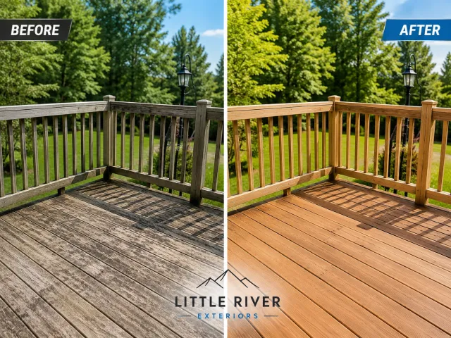 Comparison of a weathered gray wooden deck before cleaning, and a newly stained warm wood deck after cleaning, with green trees and a black lamp post in the background.
