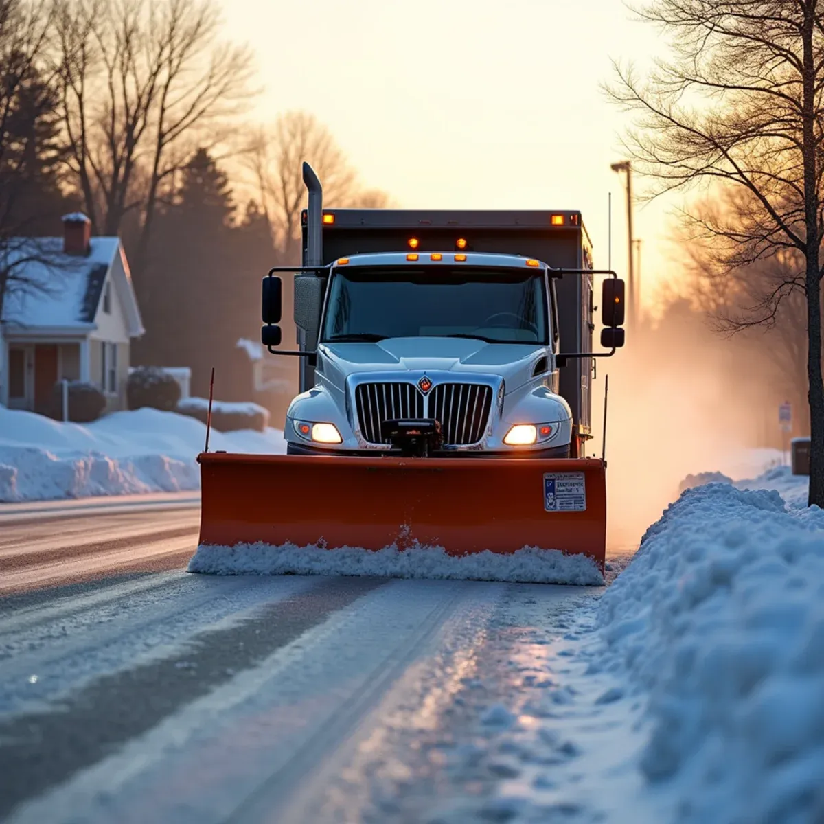 Commercial parking lot being plowed and treated during a winter storm in Marlborough, MA