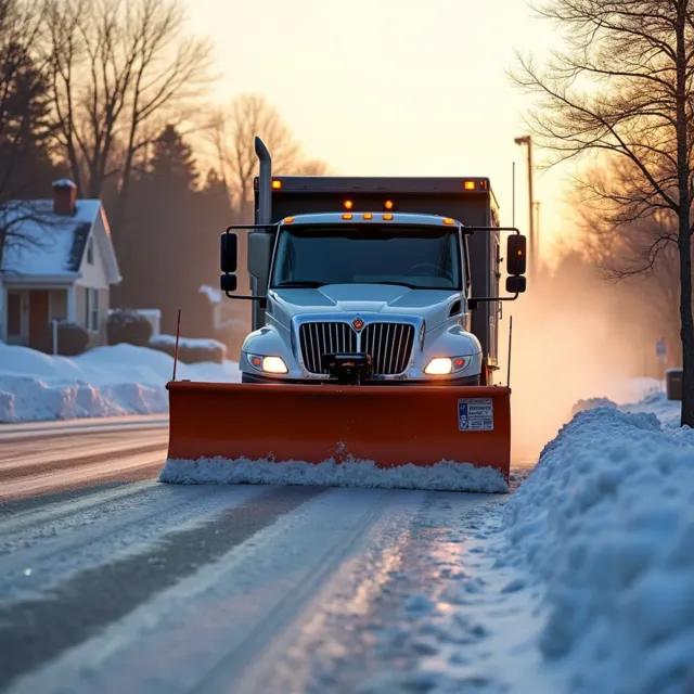 Commercial parking lot being plowed and treated during a winter storm in Marlborough, MA
