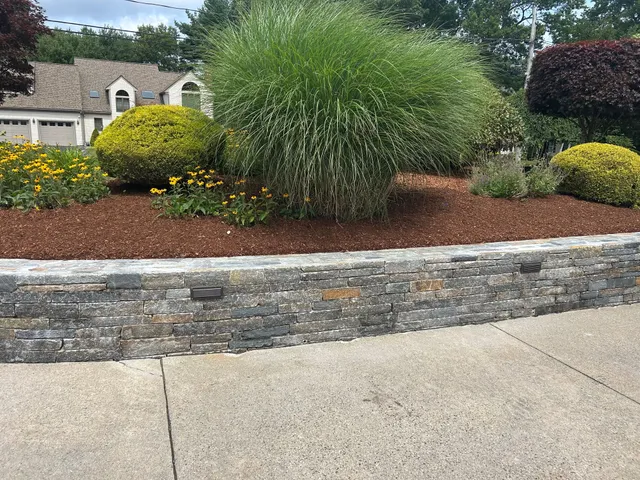 Landscaped garden bed with tall grasses, yellow flowers, and a stone retaining wall beside a sidewalk