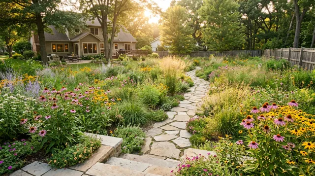A stone pathway winding through a colorful garden filled with various flowers, leading toward a house in the background with trees and a wooden fence surrounding the yard.