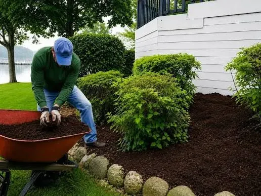 Fresh mulch spread in a Massachusetts landscape bed