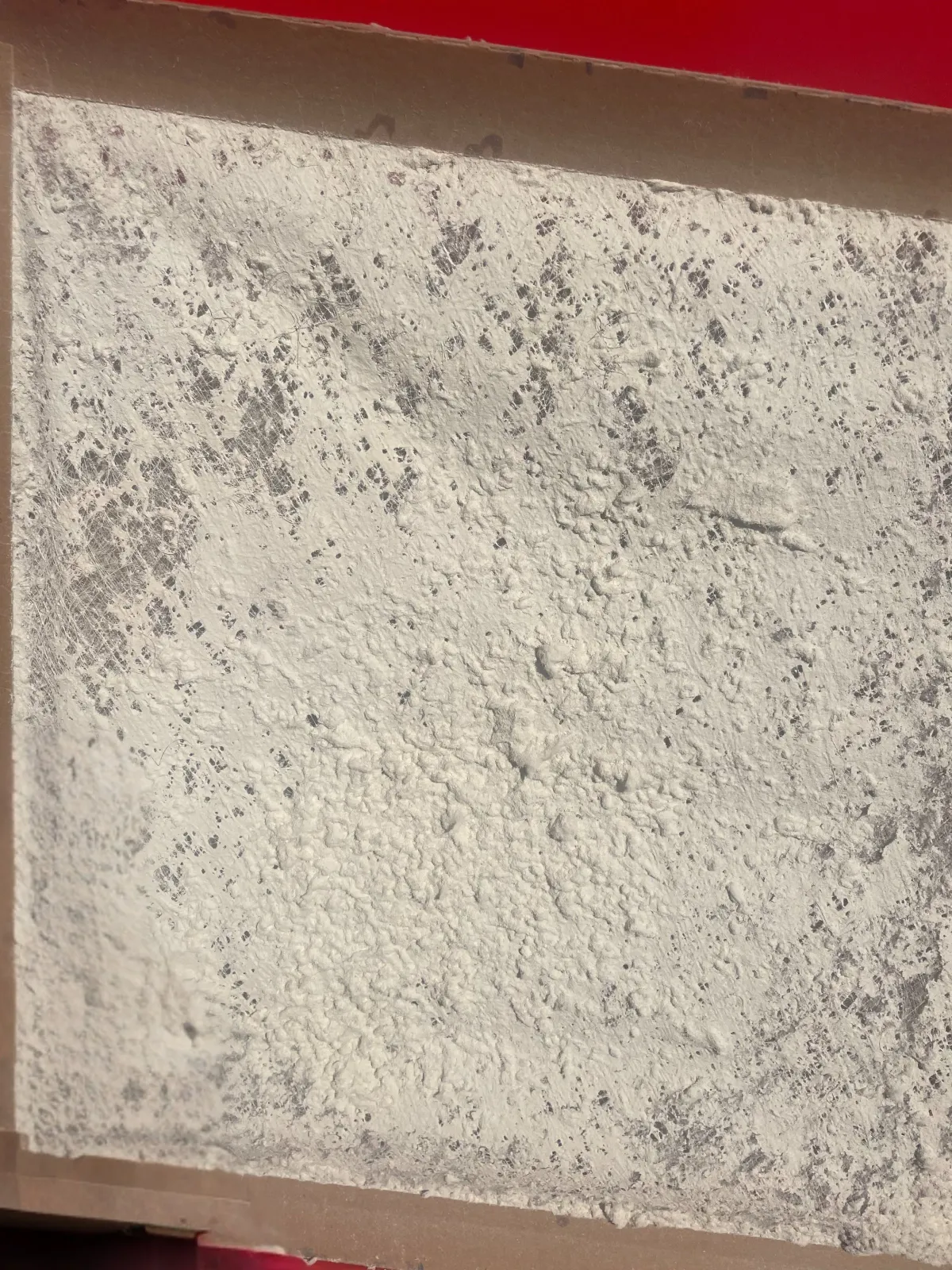 Close-up of a textured white wall with some dark spots and a speckled pattern.