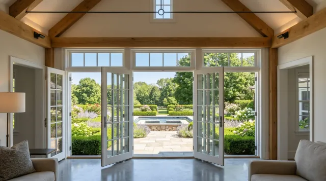 Living room with large glass doors leading to a garden with a pool