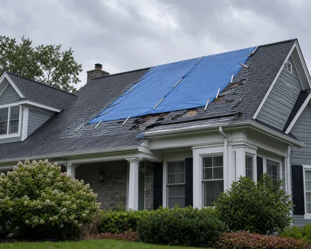 Storm damage with an emergency tarp on a roof