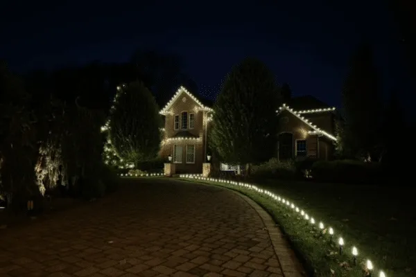 Elegant landscape lighting illuminates a two-story home at night. Lights line the roofline and walkway, creating a warm and inviting ambiance.