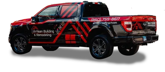 Black and red pickup truck with company logos and phone number.