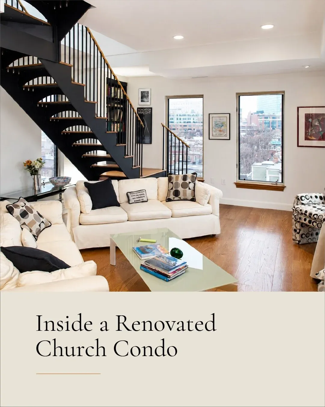 Originally part of a beautifully renovated church, this Boston condominium blends architectural heritage with modern living. ⛪️👷🏻&zwj;♂️

The renovation included replacing a poorly positioned spiral staircase with a custom steel-and-oak staircase,