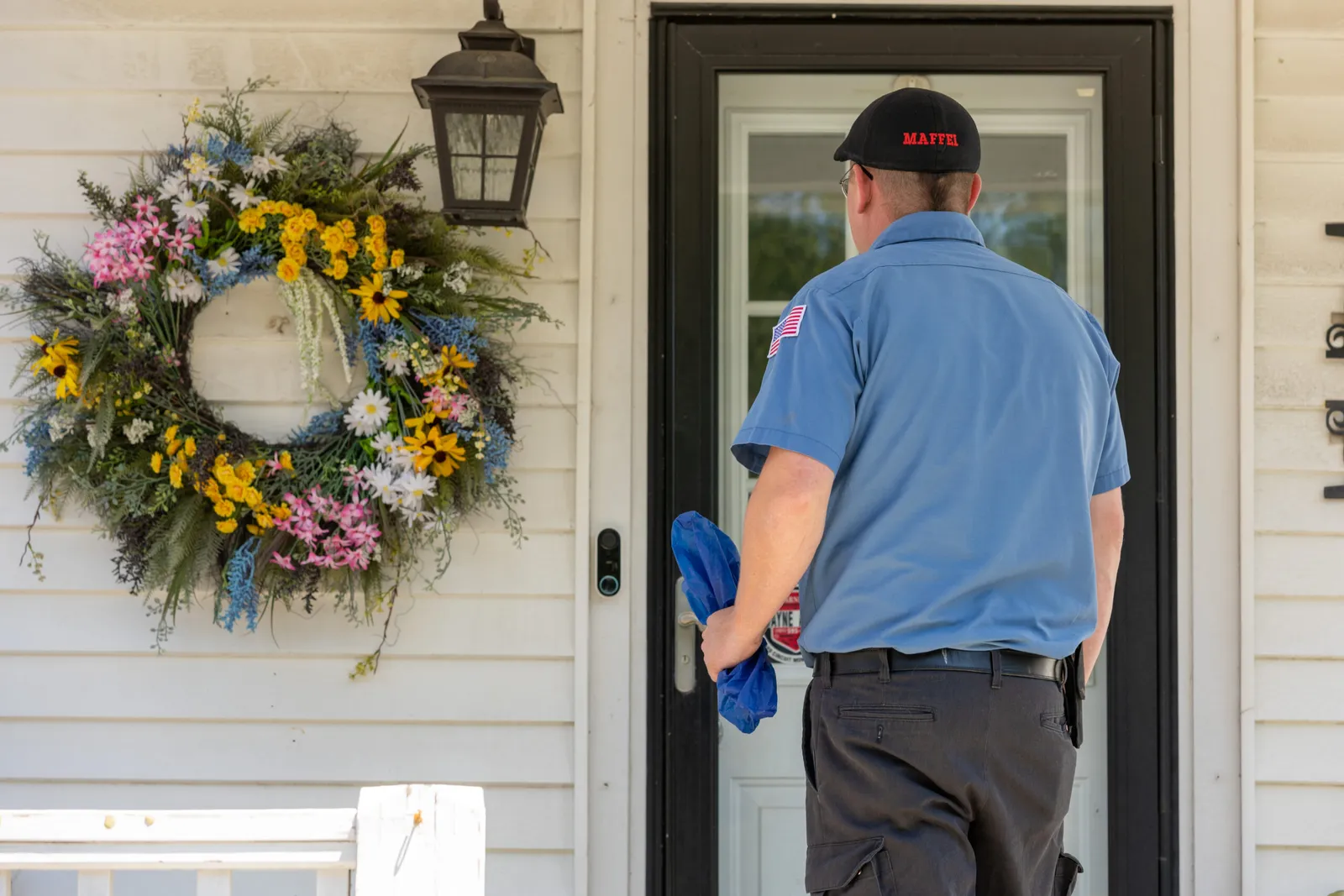 Maffei technician arriving at a customer's door with shoe coverings