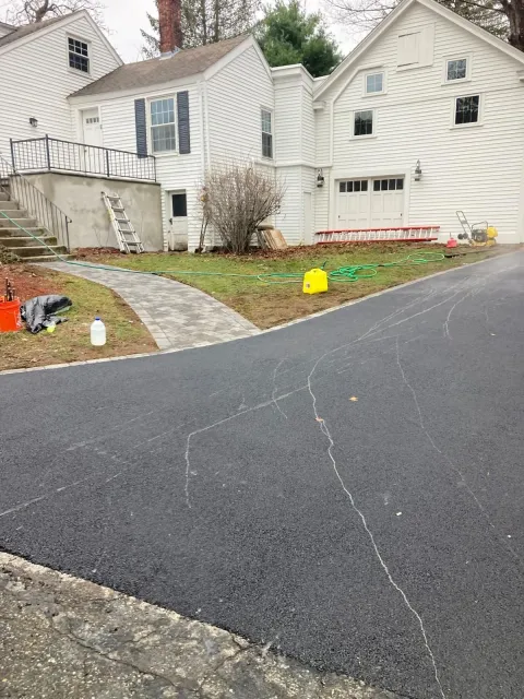 Suburban house with a curved driveway, stone walkway, and a garage in overcast weather