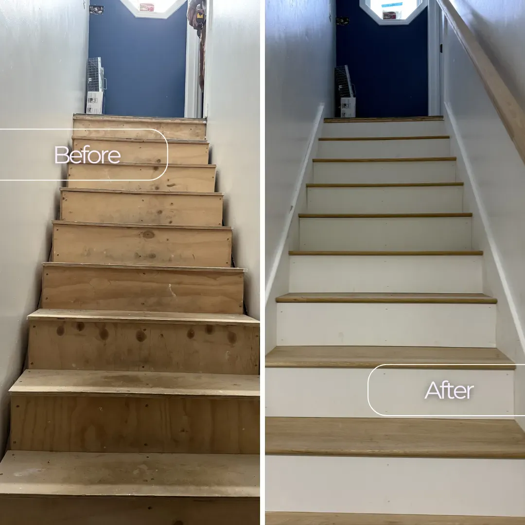Plywood to finished oak staircase before and after in Melrose, MA — Tinbercraft Construction