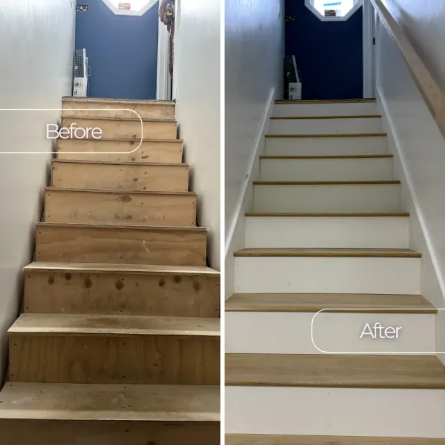 Plywood to finished oak staircase before and after in Melrose, MA — Tinbercraft Construction