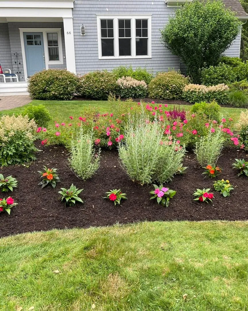 Front yard flower bed with colorful blooms and green shrubs in front of a blue house.