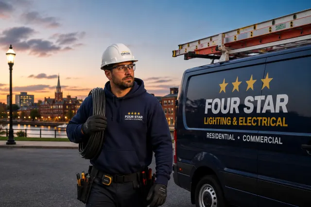 Electrician carrying cables near a branded service van at sunset.