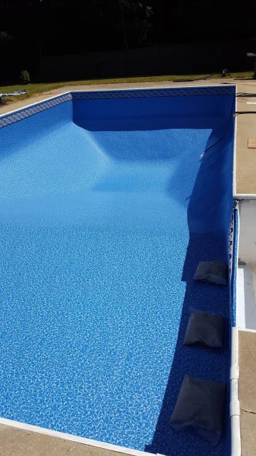 Empty swimming pool with a blue interior in a backyard. The pool is surrounded by a concrete deck and a black fence, with grass and trees visible in the background.