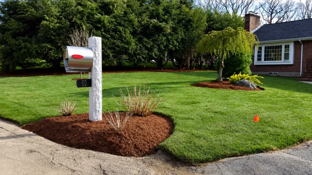 Mailbox and landscaped front yard with green lawn, mulch beds, and a brick house in the background.