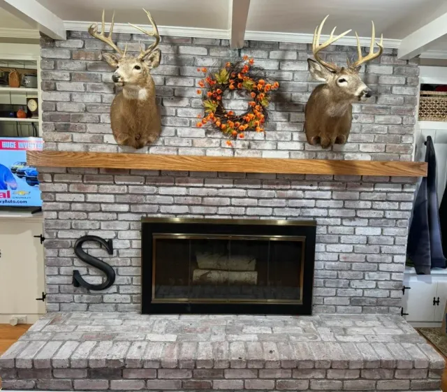 Decorated brick fireplace with two mounted deer heads, a fall wreath with orange flowers, and a black letter 'S' on the brick hearth.