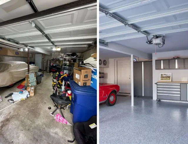 A before and after photo of a garage with a car in it.