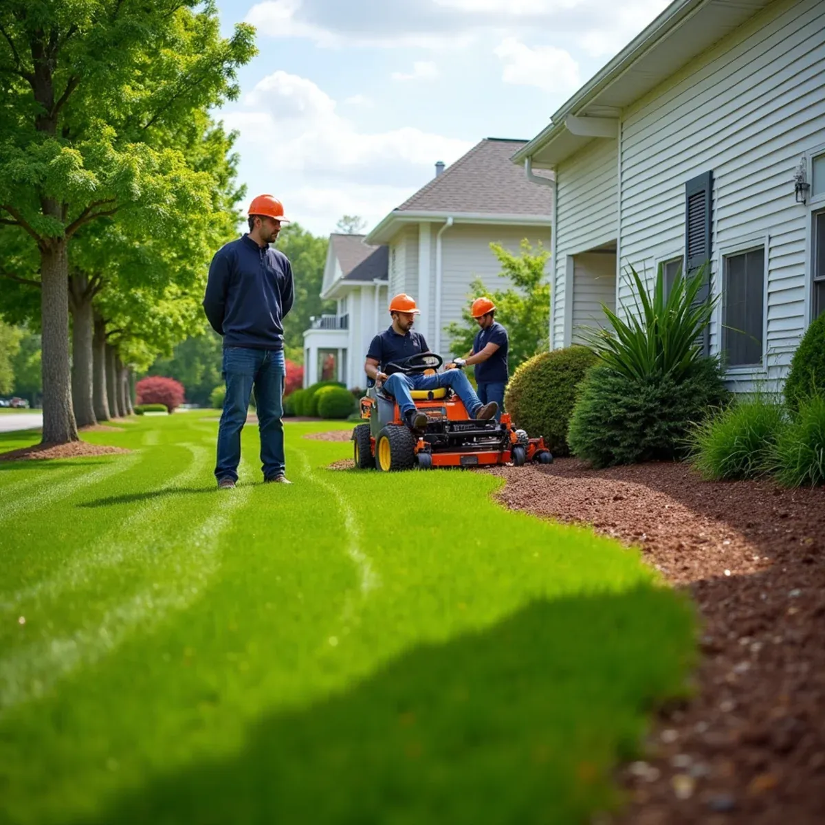 Landscaping crew maintaining common grounds at an HOA community in Franklin, MA