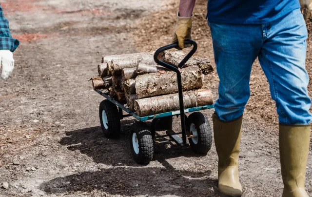 A man is pushing a cart filled with logs down a dirt road.