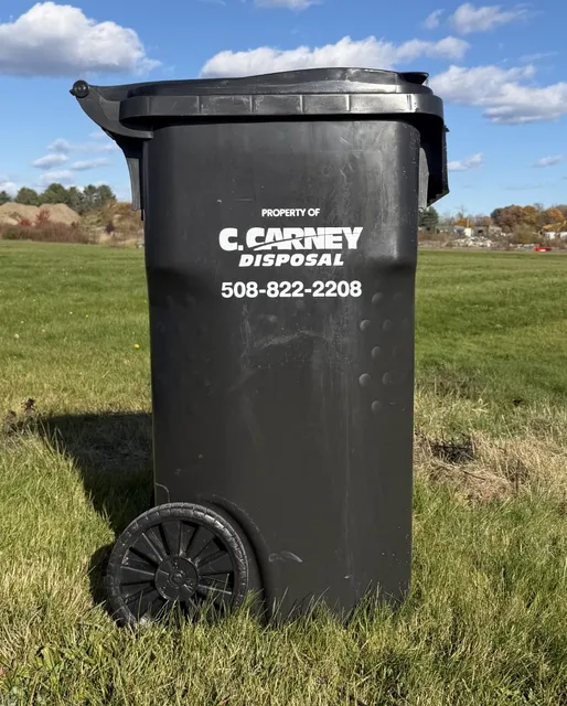 64-gallon Carney Disposal trash tote standing in a grass field