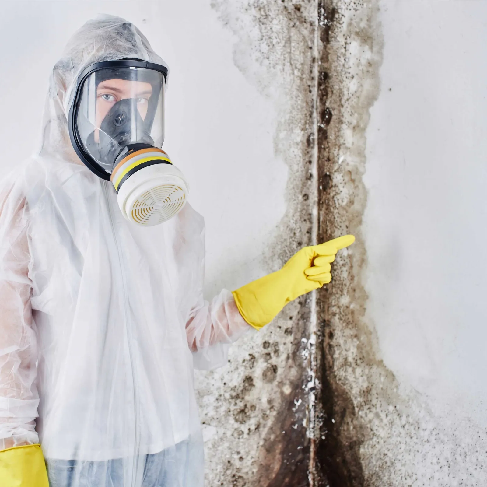 Person in protective suit and yellow gloves pointing to mold or damage on a wall.