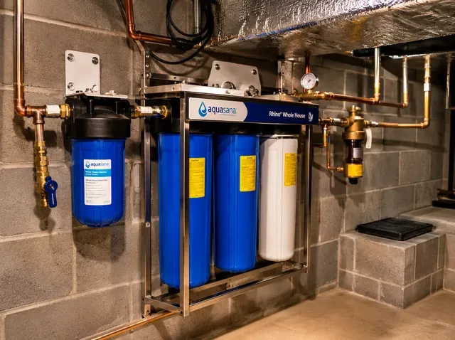 Basement water filtration system with blue canisters, pipes, and a utility sink.