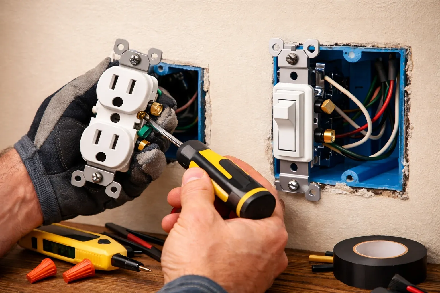 electrician installing electrical outlet and light switch inside a residential wall
