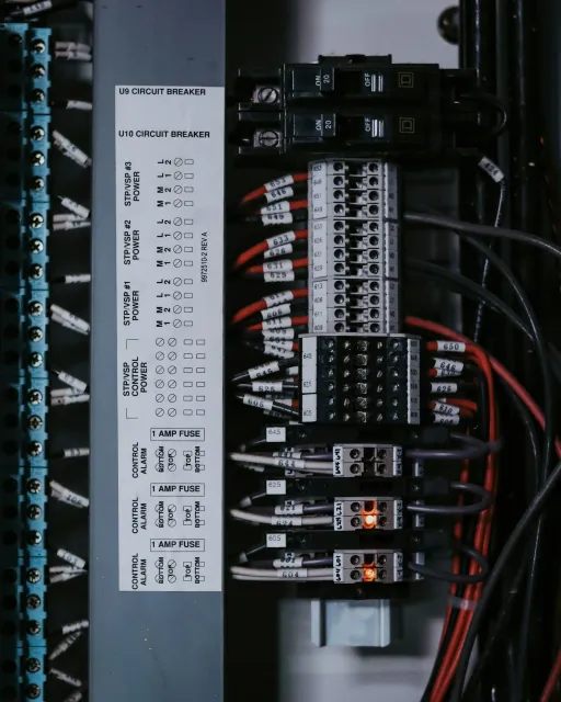 Electrical control panel with circuit breakers, wiring, and labels.