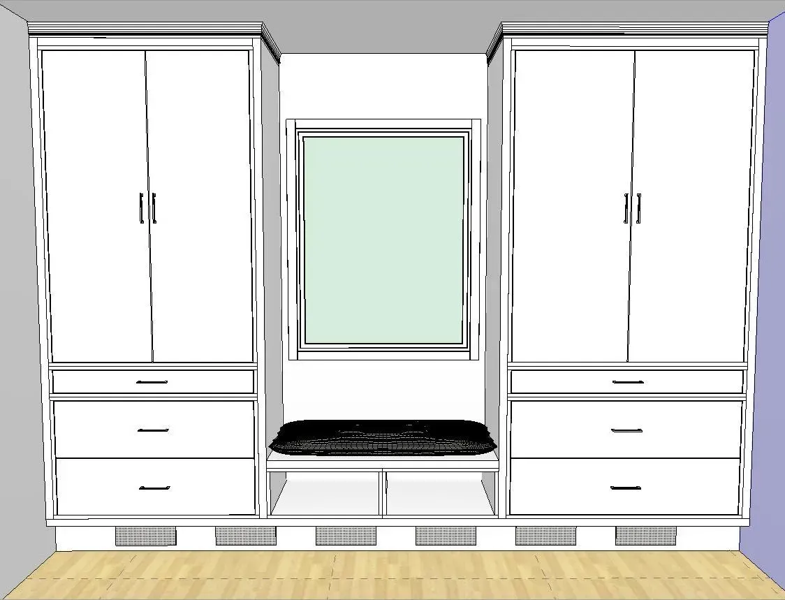 A drawing of a room with white cabinets and drawers