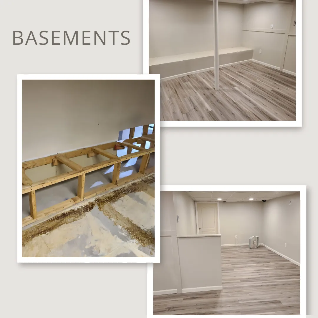 Three images show the renovation of a basement. The first image displays a wall with framing work in progress. The second image shows a finished basement corner with light-colored walls, a built-in bench, and wood flooring. The third image depicts a