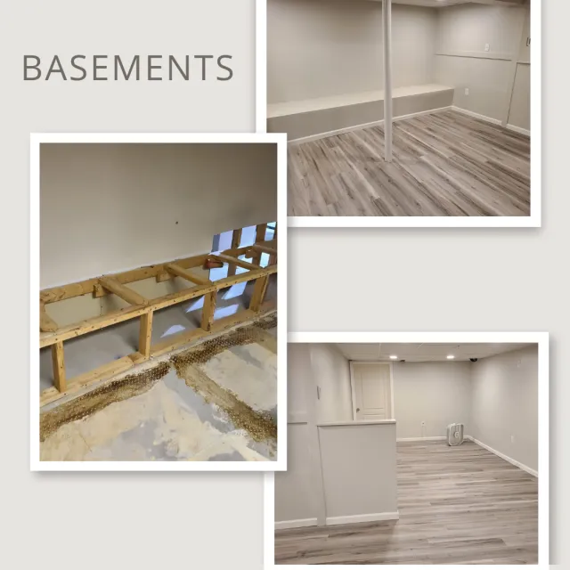 Three images show the renovation of a basement. The first image displays a wall with framing work in progress. The second image shows a finished basement corner with light-colored walls, a built-in bench, and wood flooring. The third image depicts a