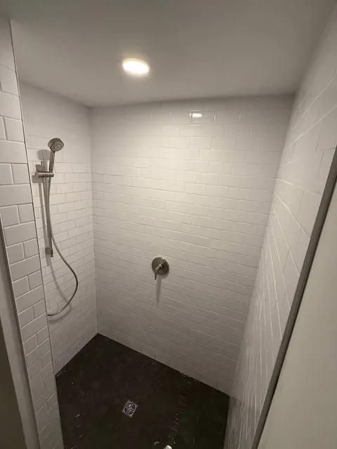 Tiled walk-in shower with handheld sprayer on slide bar and hex mosaic floor
