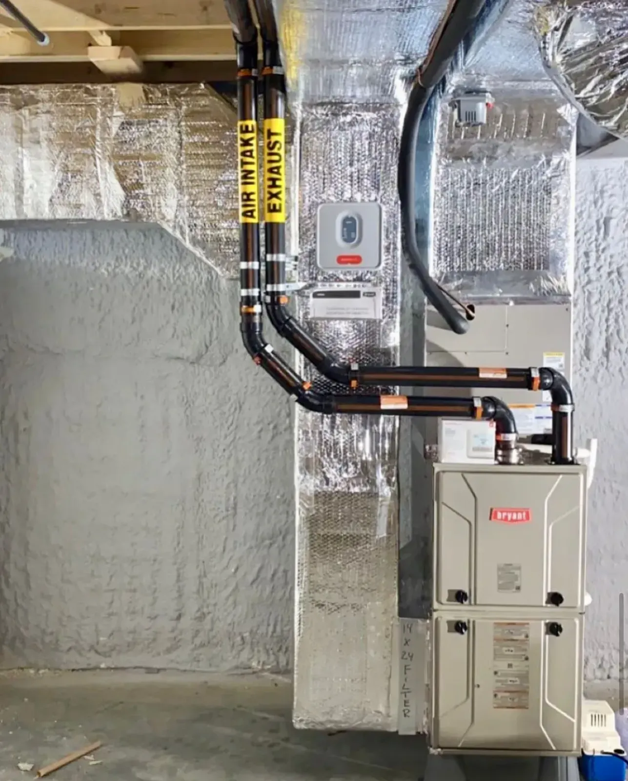 Utility room with insulated pipes, valves, and a furnace against a foil-lined wall.
