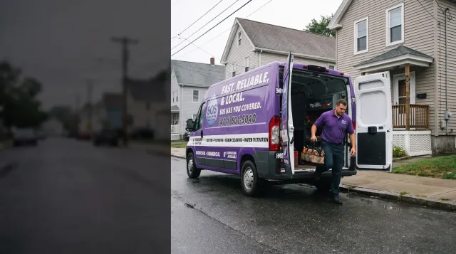 An SOS Plumbing & Heating technician at work on a Rhode Island job