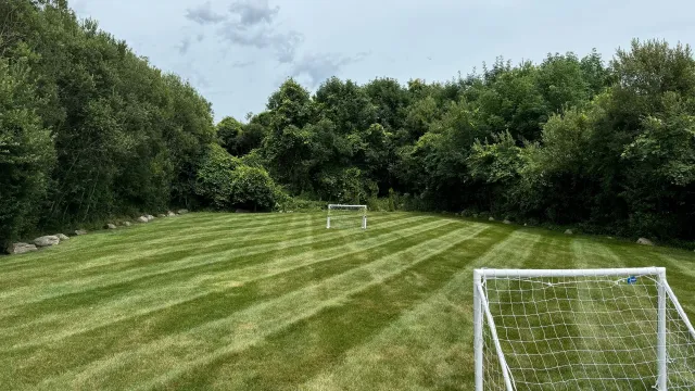 Soccer goals on a striped, green lawn surrounded by trees under a cloudy sky.