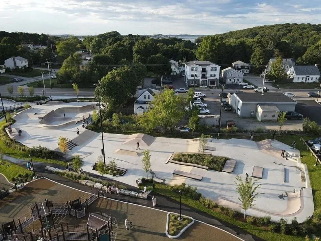 An aerial view of the playground and skatepark in Weymouth's Beal's Park that has been recently constructed.